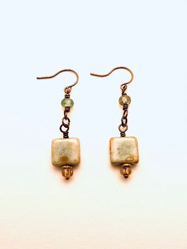 Eleven-gem earrings-Czech Glass Bead Earrings, Light Green Square