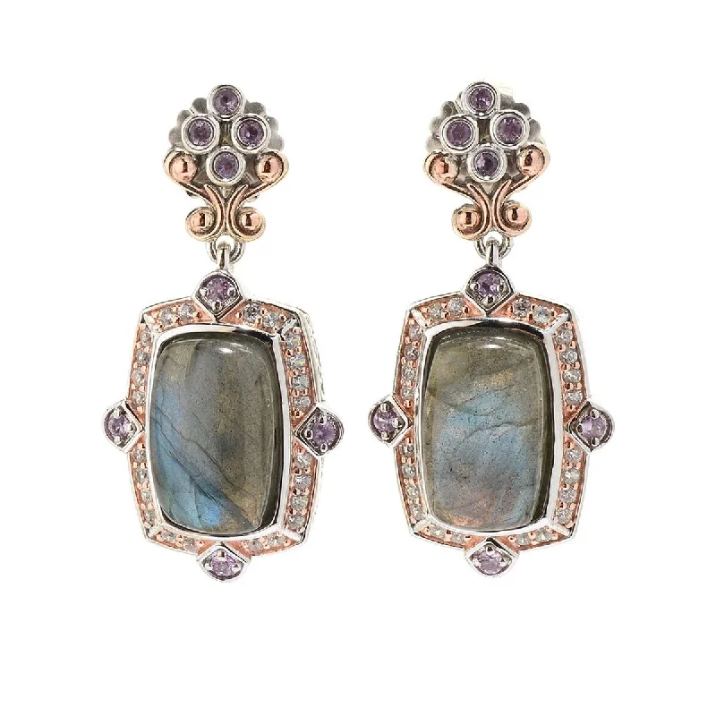 Ridged pattern earrings-Dallas Prince Designs 1.5" 16 x 10mm Labradorite, Pink Sapphire & Zircon Drop Earrings