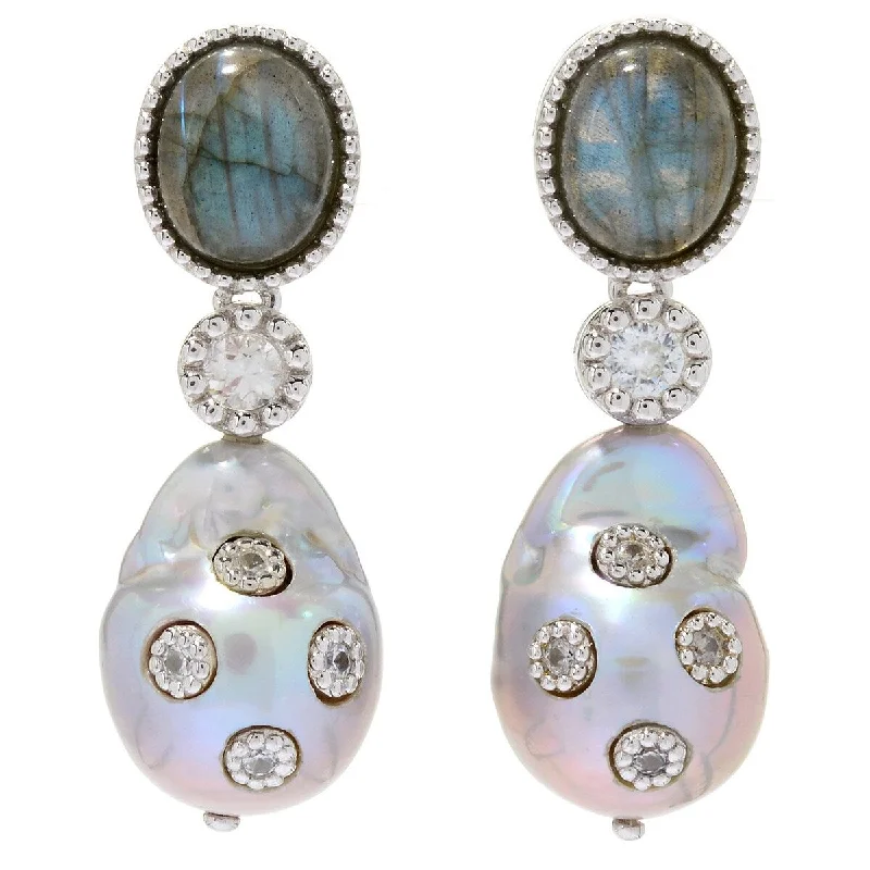 Loose twist earrings-Dallas Prince Designs Sterling Silver 1.75" 20 x 14mm Cultured Pearl & Gemstone Drop Earrings