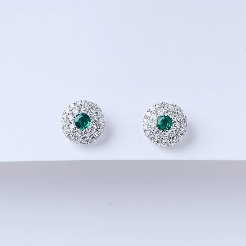 Divided hoop earrings-Double Halo Emerald Stud Earrings