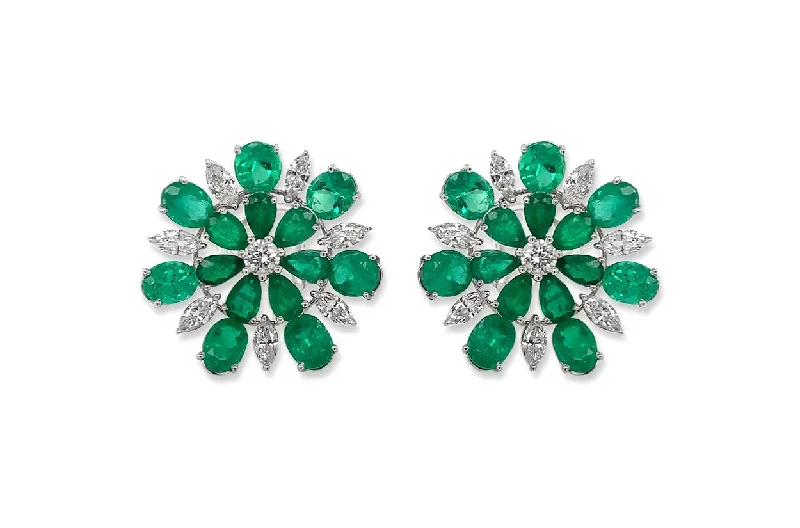 Coiled wire earrings-Earrings 18kt White Gold Flowers Emeralds & Diamonds