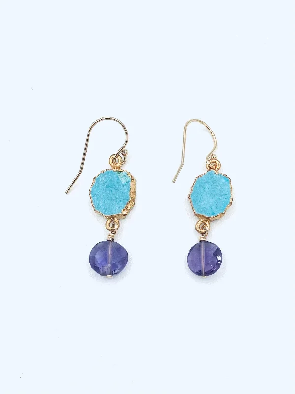 Gripped stone earrings-Earrings with Turquoise, Organic Shape, Wrapped in Vermeil with Amethyst Drop