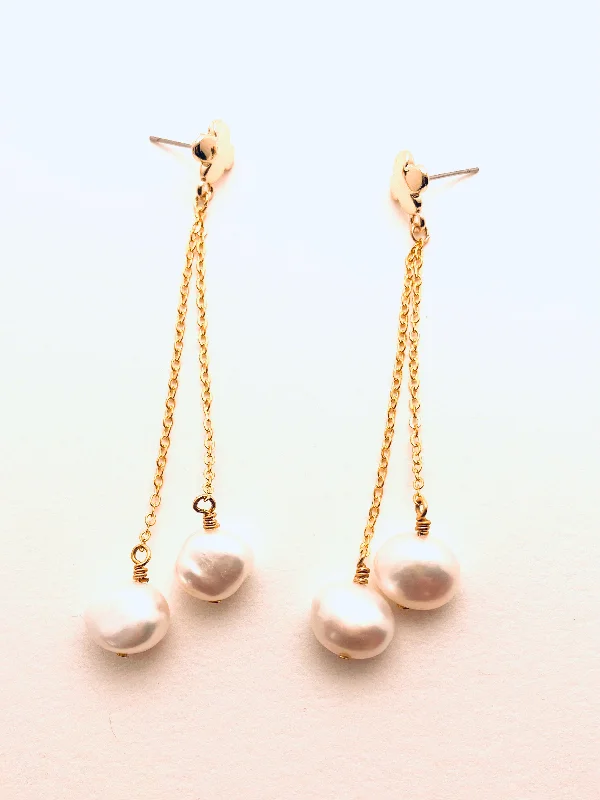 Stretch stone earrings-Earrings with Two Large Pearls, Cross and Chain