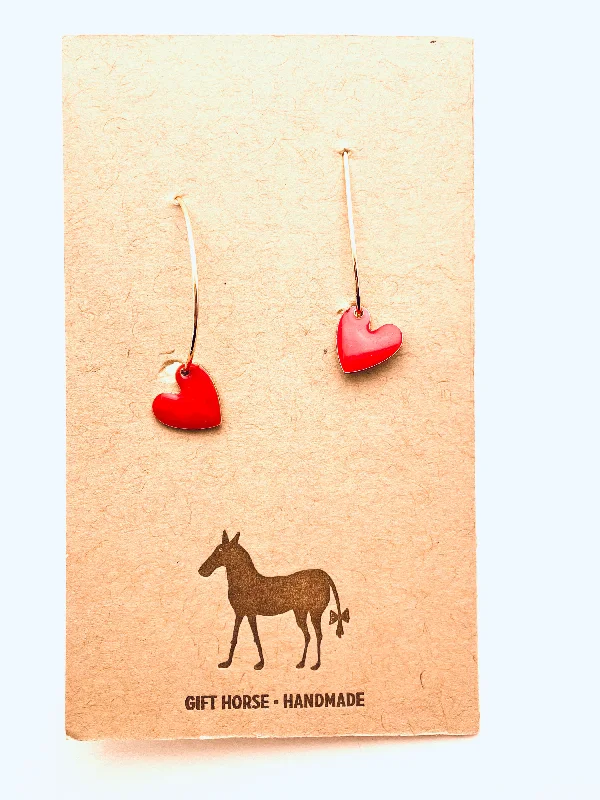 Bold moonstone earrings-Enamel Hearts Earrings, Red