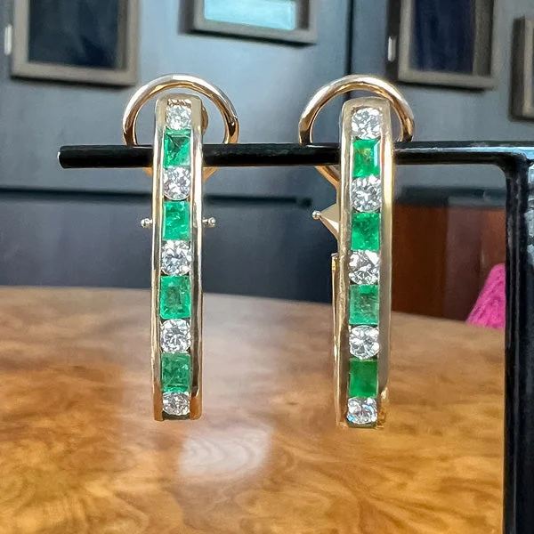 Bold agate earrings-Estate Emerald & Diamond Hoop Earrings