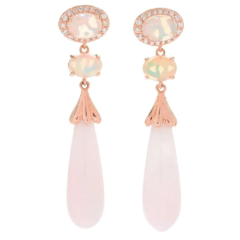 Subtle silver earrings-Ethiopian Opal, Rose Quartz & White Zircon Drop Earrings