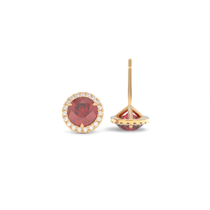 Bold garnet earrings-Halo Studs - 6.5mm Round Lab Grown Rubies - 18K Champagne Gold