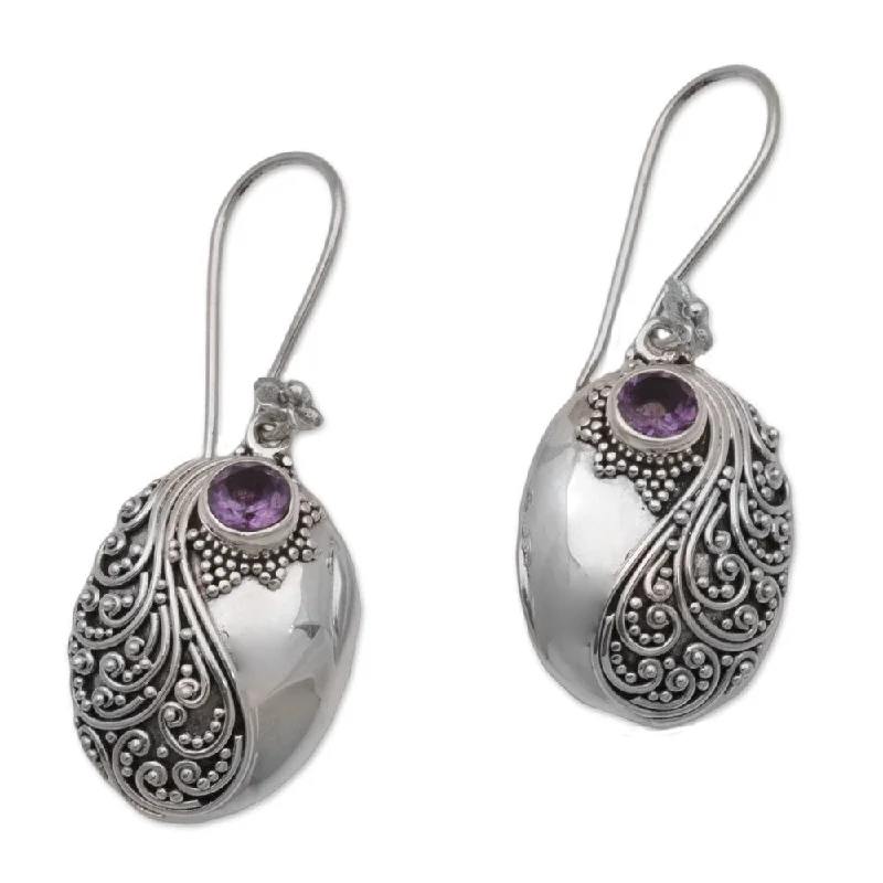 Gripped stone earrings-Handmade Amethyst Dangle Earrings, 'Spiral Garden' (Indonesia)