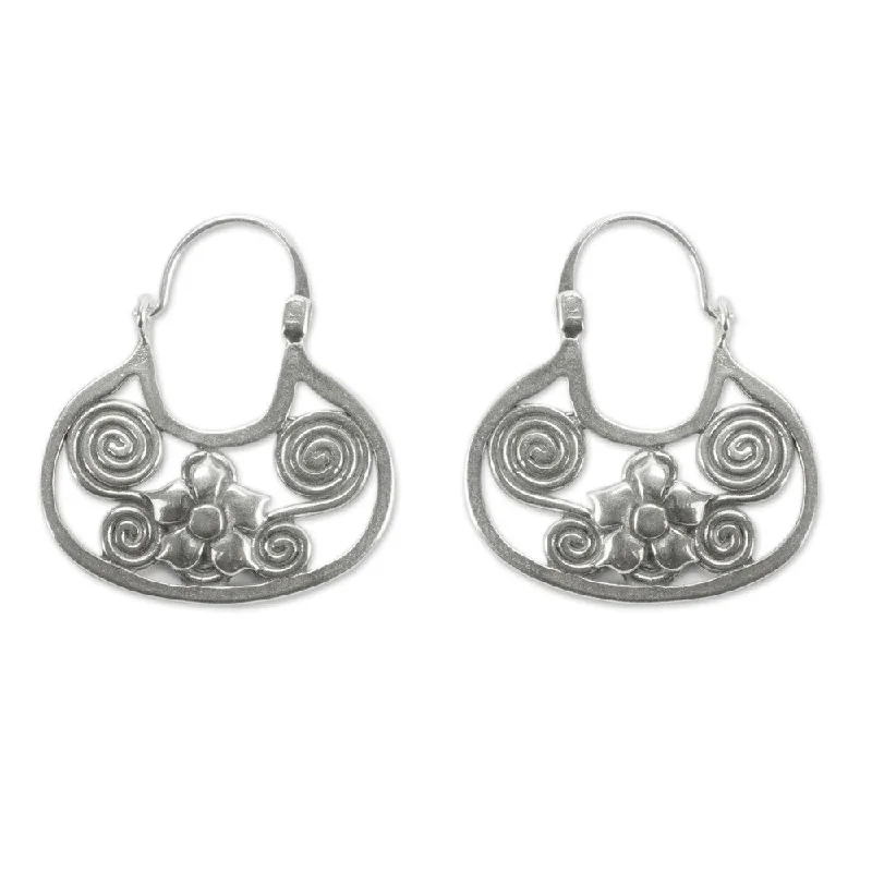 Scalloped edge earrings-Handmade Floral Mazahua Sterling Silver Earrings (Mexico) - 1.4*1.2