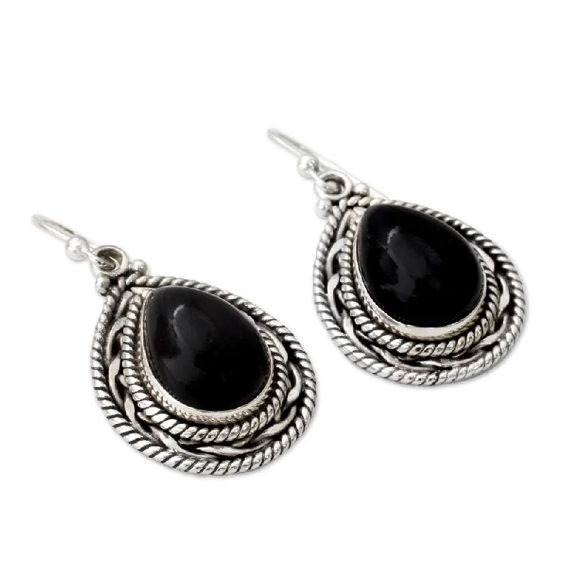 Five-stone earrings-Handmade Palace Memories Modern Black Onyx Pear Gemstones Set in Rope Bezel of 925 Sterling Silver Dangle Earrings (India)