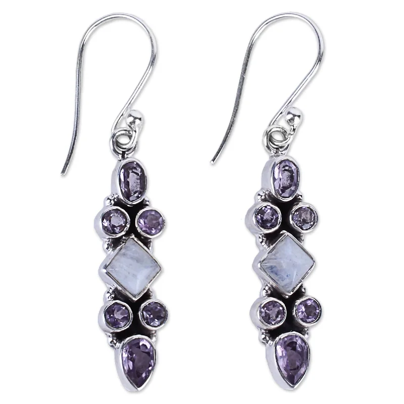 Glistening silver earrings-Handmade Rainbow Moonstone Amethyst Earrings (India) - 1.8*0.3