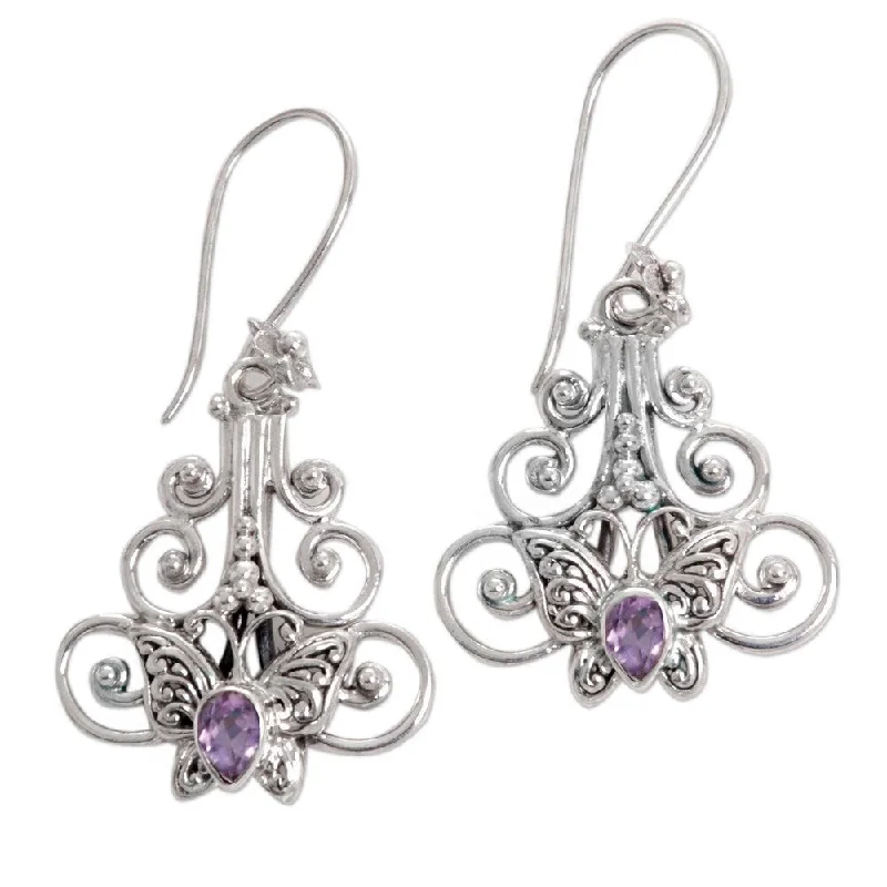 Pentagon stud earrings-Handmade Resting Butterfly Sterling Silver Amethyst Earrings (Indonesia) - 0.3