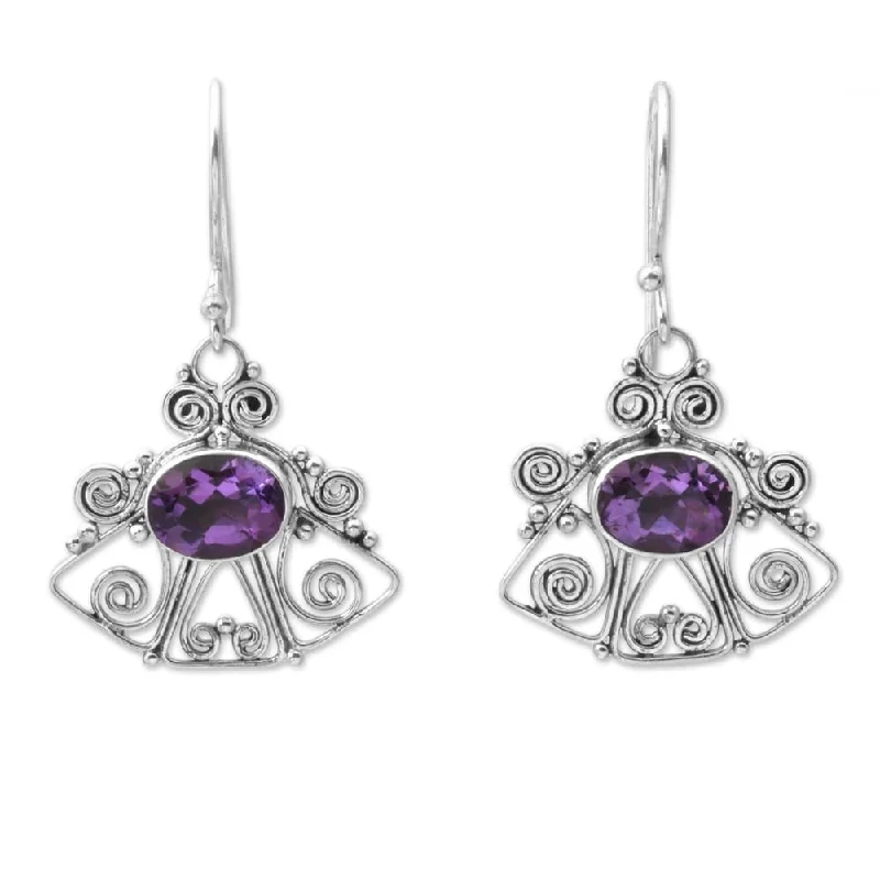 Glinting drop earrings-Handmade Sterling Silver 'Balinese Bell' Amethyst Dangle Earrings (Indonesia)