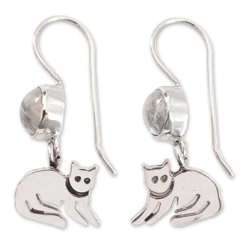 Thin-band earrings-Handmade Sterling Silver Cool Kitty Cat Moonstone Earrings (Mexico)