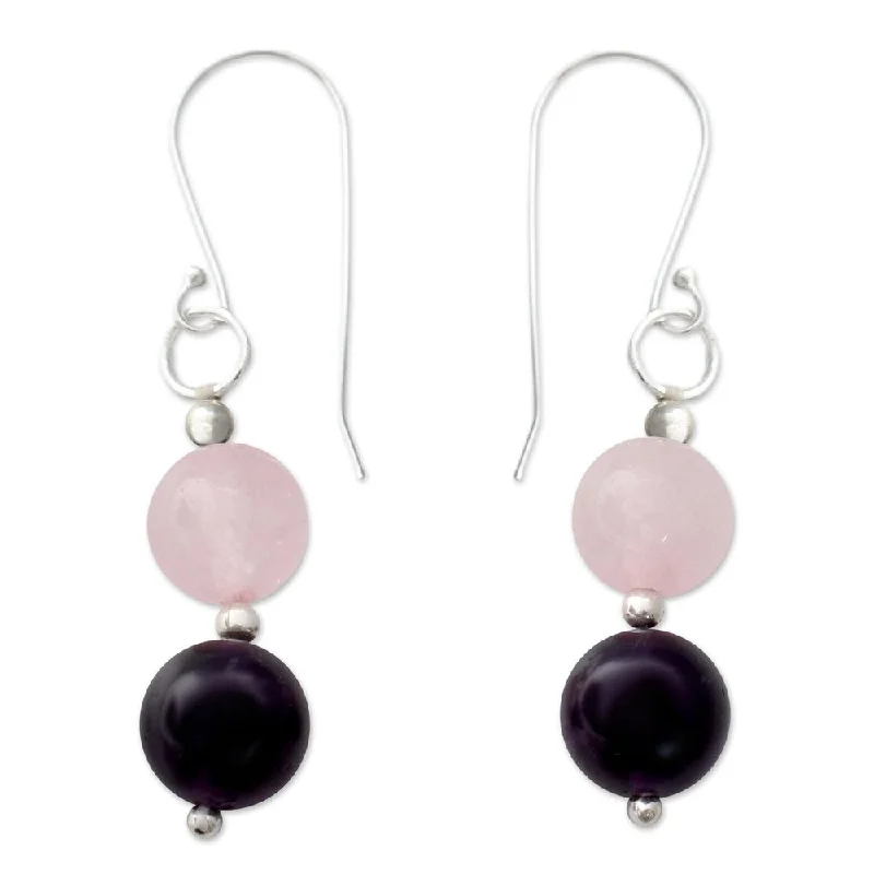 Luminous gem earrings-Handmade Sterling Silver 'Dreamy Affair' Amethyst Rose Quartz Earrings (India) - 1.6*0.3