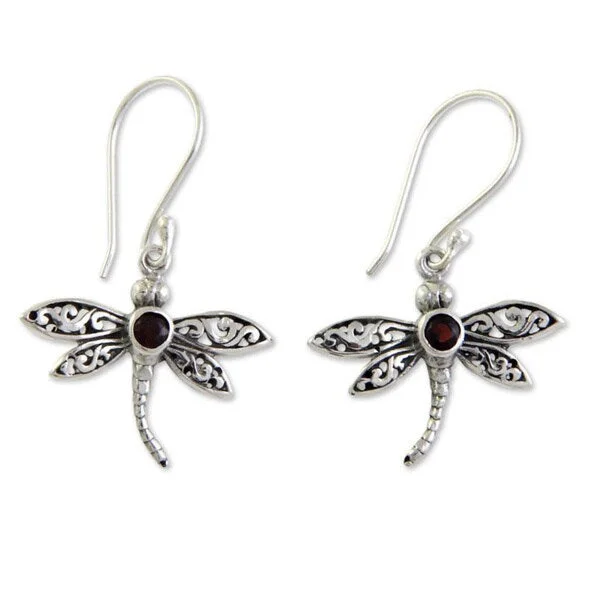 Rugged stone earrings-Handmade Sterling Silver 'Enchanted Dragonfly' Garnet Earrings (Indonesia)