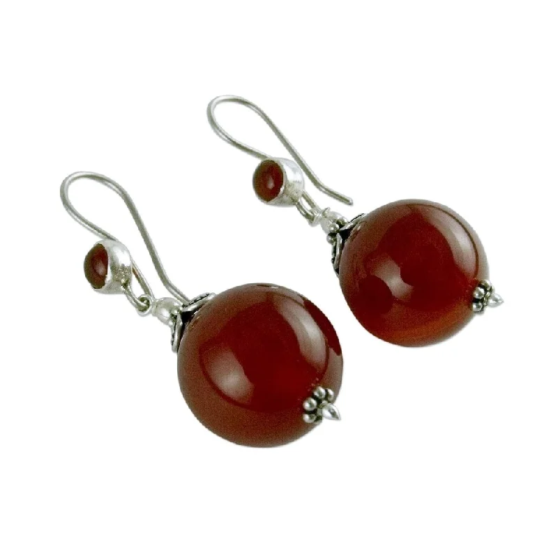 Skewed stone earrings-Handmade Sterling Silver Gujurati Ode Carnelian Drop Earrings (India)