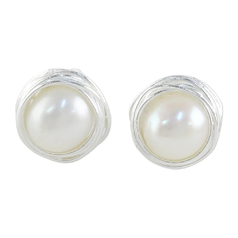 Radiant onyx earrings-Handmade Sterling Silver 'Haloed Moons' Cultured Pearl Earrings (6 mm) (Thailand) - 0.2L*0.4W