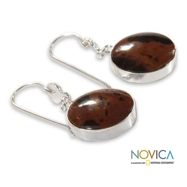 Vivid emerald earrings-Handmade Sterling Silver 'Inca Moons' Mahogany Obsidian Earrings (Peru)