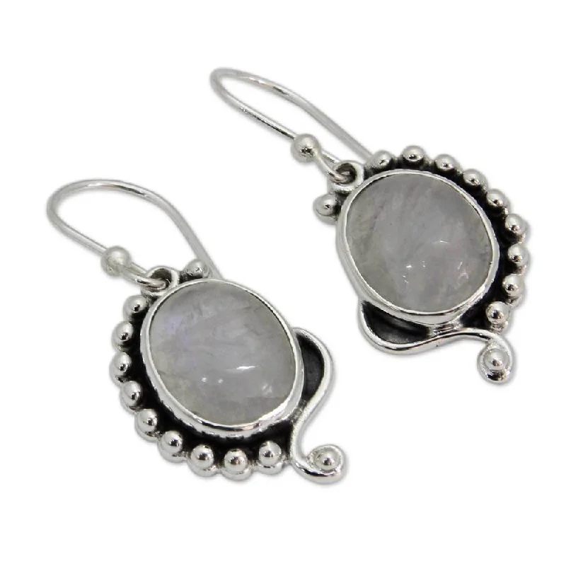 Glistening silver earrings-Handmade Sterling Silver 'Indian Paisley' Rainbow Moonstone Earrings (India)