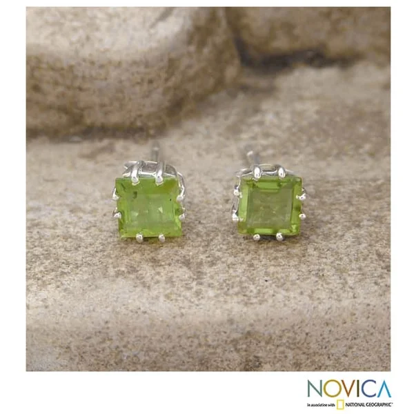 Vivid amazonite earrings-Handmade Sterling Silver 'Lucky Squares' Peridot Earrings (India)