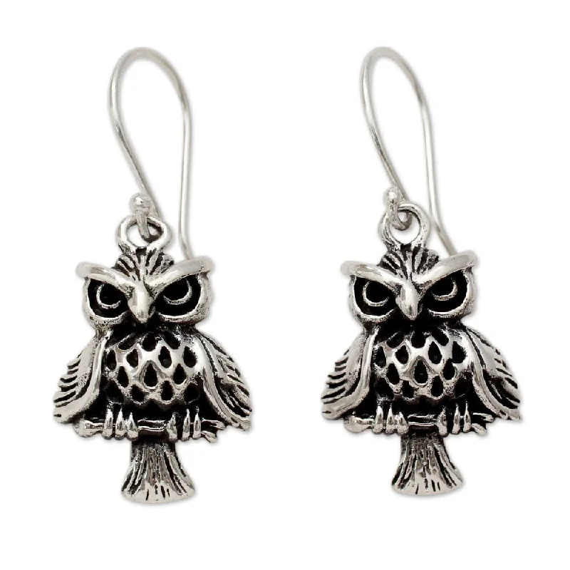 Fern frond earrings-Handmade Sterling Silver 'Owl at Midnight' Earrings (India)