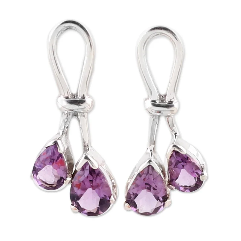 Gentle edge earrings-Handmade Sterling Silver Promise Amethyst Dangle Earrings (India)