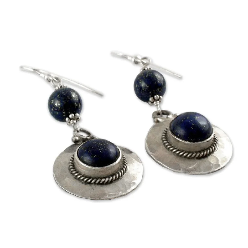 Wire-loop earrings-Handmade Sterling Silver 'Royal Moonlight' Lapis Lazuli Earrings (India)