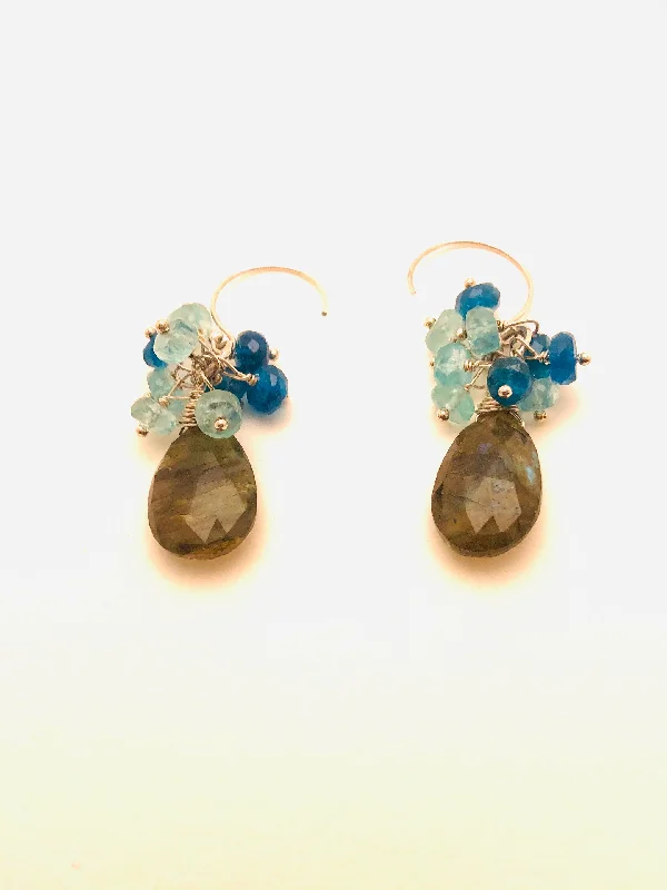 Ripple design earrings-Labradorite, Blue and Teal Apatite Earrings