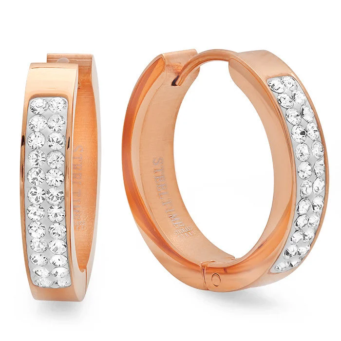 Ridged pattern earrings-Ladies 18 Kt Rose Gold Plated Huggie Earrings with Swarovski Crystals 21mm