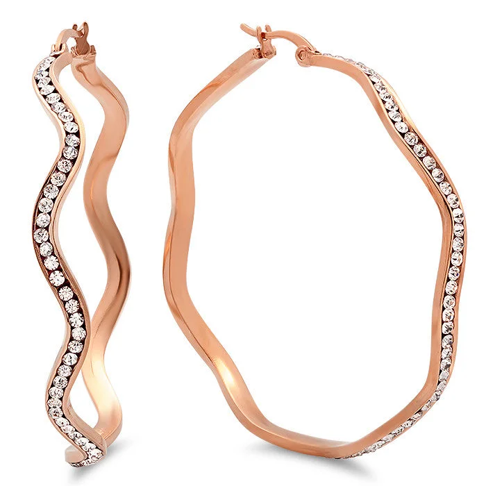 Retro emerald earrings-Ladies 18 Kt Rose Gold Plated Wavy Hoop Earrings With Simulated Diamonds