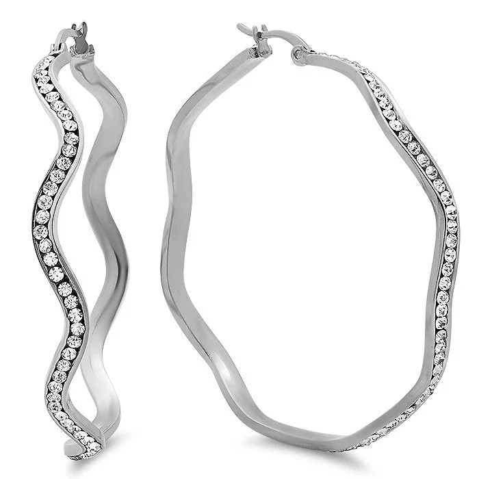 Stained enamel earrings-Ladies Stainless Steel Hoop Earrings With Simulated Diamonds 55MM