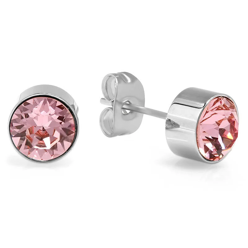 Glinting gem earrings-Ladies Stainless Steel Pink Swarovski Stud Earrings