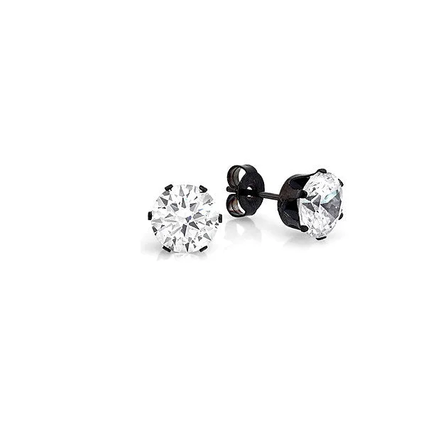 Hand-chiseled earrings-Stainless Steel Round Stud Earrings with Black Setting