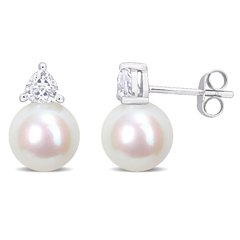 Forged gold earrings-Miadora 8-8.5mm Cultured Freshwater Pearl and 3/4ct TGW Created White Sapphire Stud Earrings in 10k White Gold