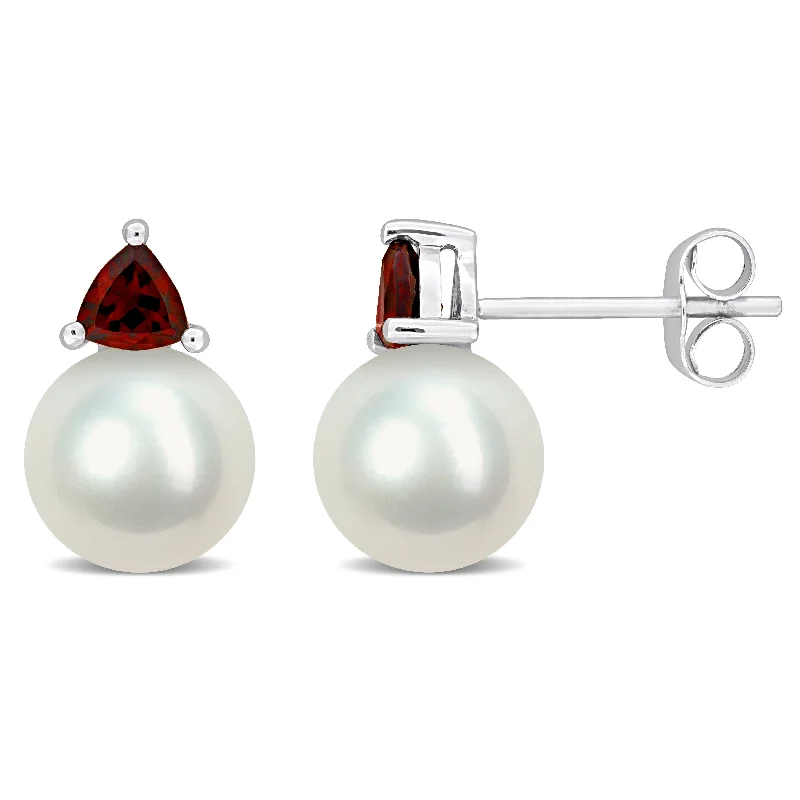 Natural gem earrings-Miadora 8-8.5mm Cultured Freshwater Pearl and 5/8ct TGW Garnet Stud Earrings in 10k White Gold - 13 mm x 8.5 mm x 8.5 mm