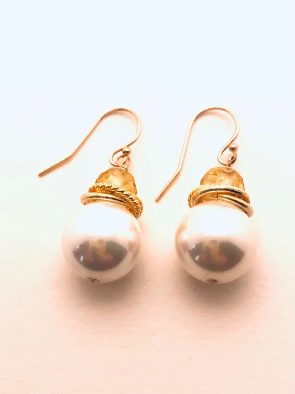 Grooved hoop earrings-Mother of Pearl with Lemon Citrine Earrings