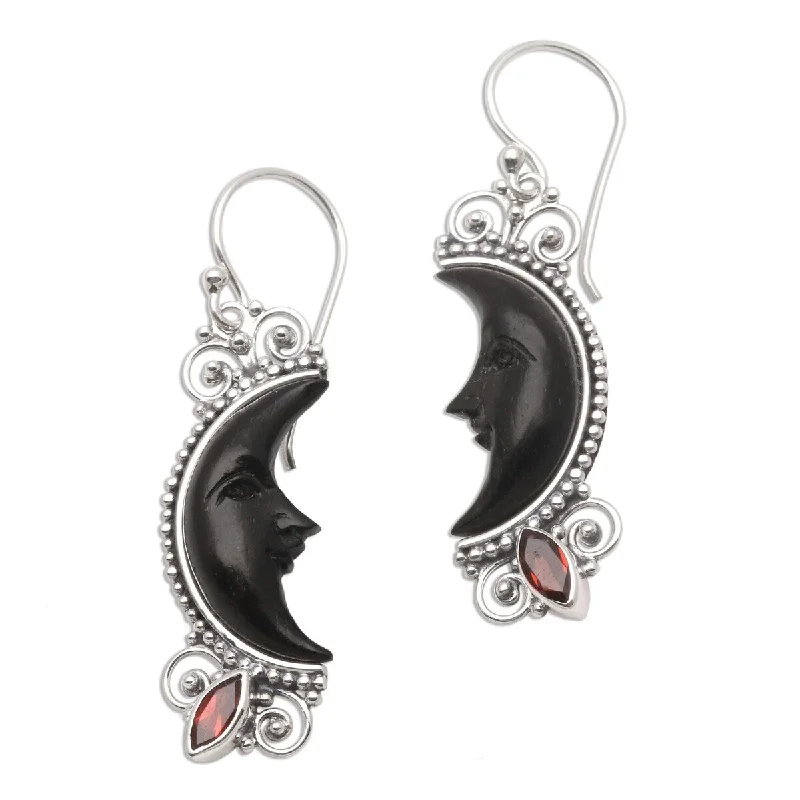 Fern frond earrings-NOVICA Dark Crescent Moon, Garnet and buffalo horn dangle earrings - 1.6*0.4