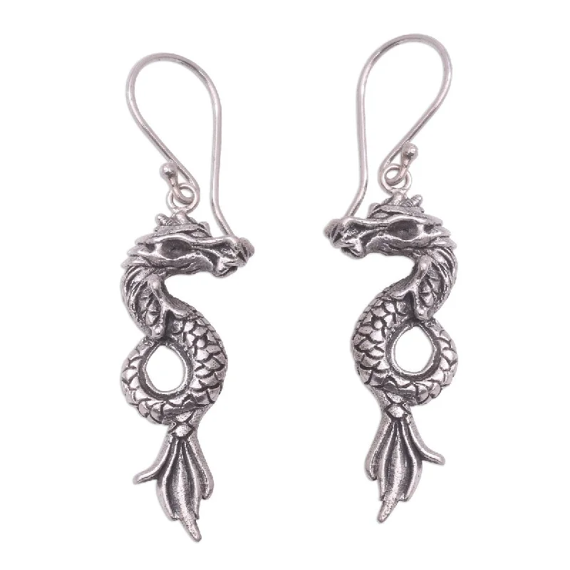 Deep-set stone earrings-NOVICA Dramatic Dragons, Sterling silver dangle earrings - 1.9*0.5