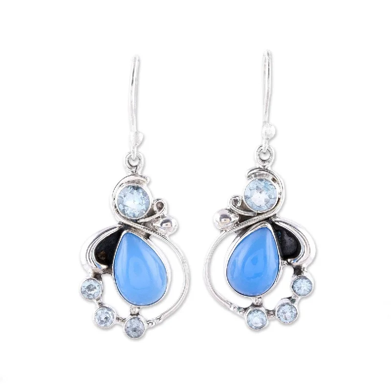 Vivid emerald earrings-NOVICA Elegant Dew, Blue topaz and chalcedony dangle earrings - 1.7L*0.4W