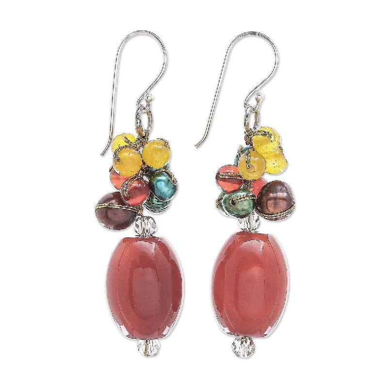 Fractured crystal earrings-NOVICA Festival of Lights, Carnelian and cultured pearl dangle earrings - 2*0.5