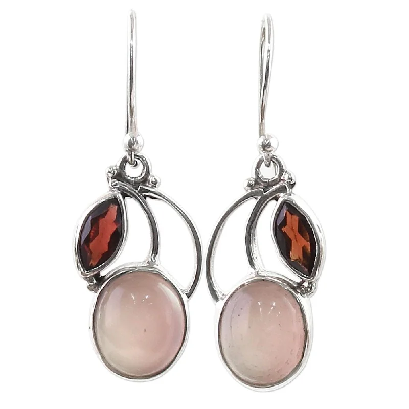 Thin-band earrings-NOVICA Handmade Pink Fog Sterling Silver Garnet Chalcedony Earrings (India) - 1.5*0.5