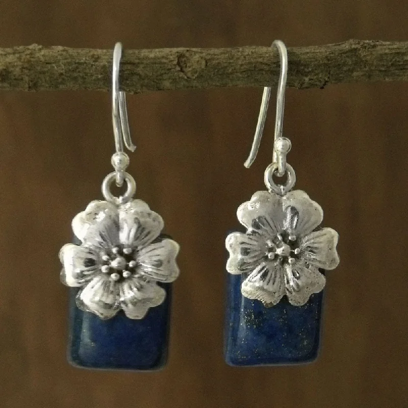 Leaf-wrap earrings-NOVICA Handmade Sterling Silver Blue Lily Lapis Lazuli Earrings (India)