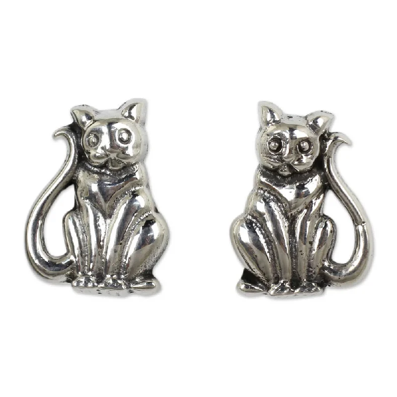 Loose twist earrings-NOVICA Handmade Sterling Silver 'Contented Kittens' Earrings (Thailand)