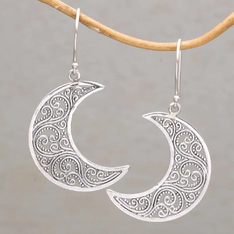 Six-heart earrings-NOVICA Handmade Sterling Silver 'Crescent Vines' Earrings (Indonesia) - 1.9*0.9