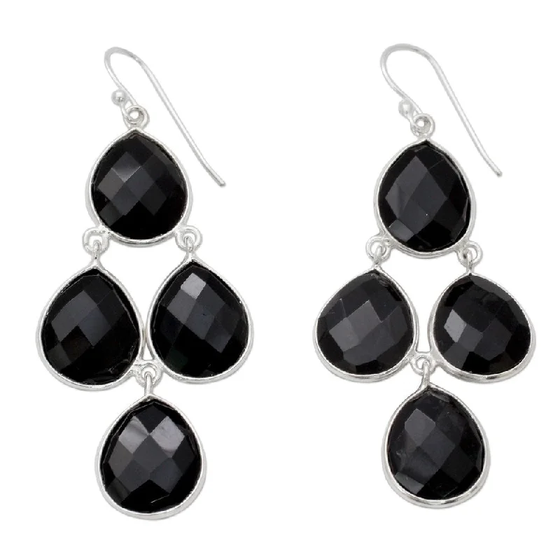 Staggered hoop earrings-NOVICA Handmade Sterling Silver 'Midnight Chandelier' Onyx Earrings (India) - 2.4*1