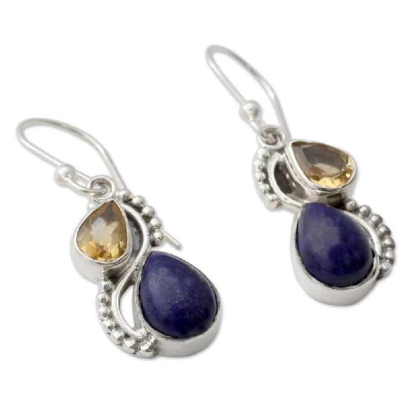 Slim hoop earrings-NOVICA Handmade Sterling Silver Two Teardrops Lapis Lazuli Citrine Earrings (India)