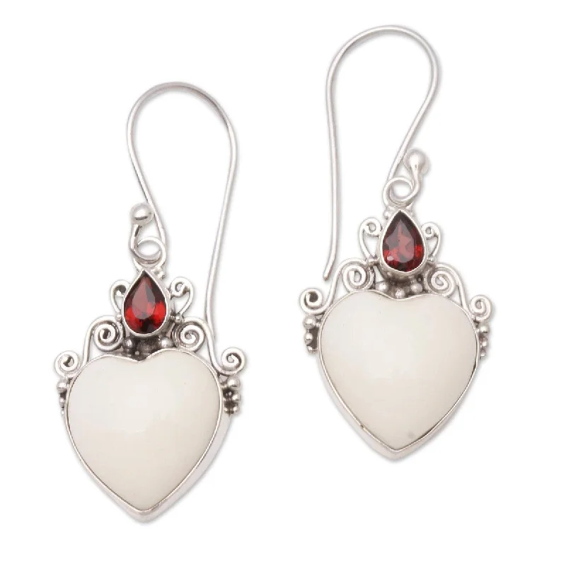 Intricate filigree earrings-NOVICA Heart Passion, Garnet and bone dangle earrings - 1.7*0.7