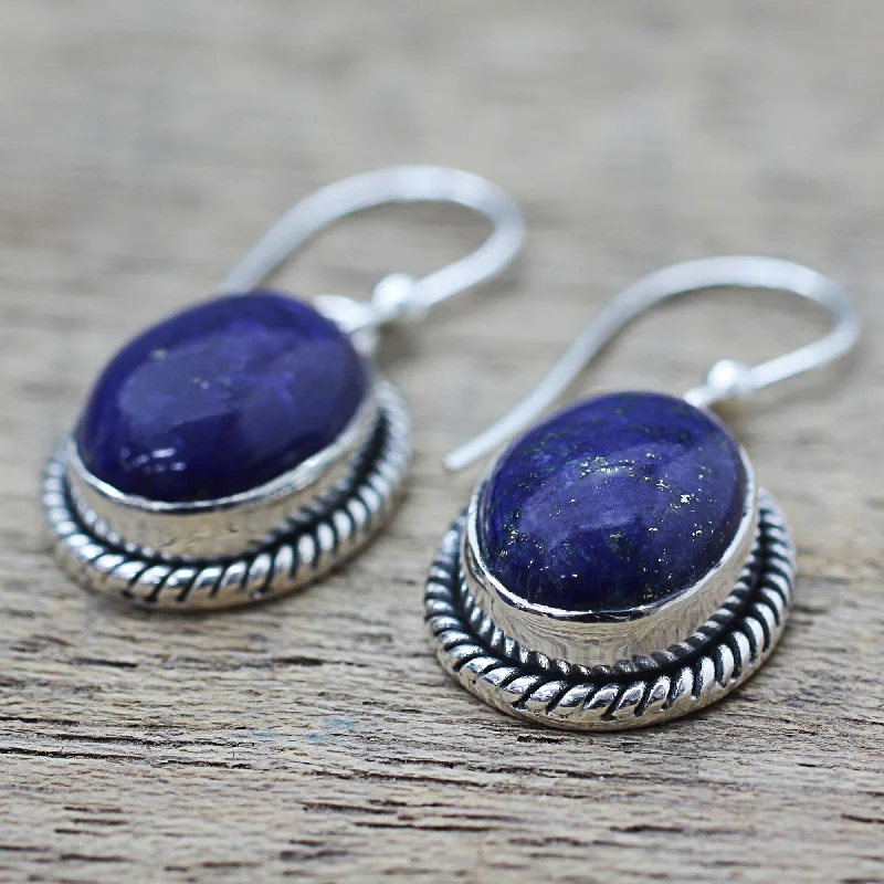 Grooved hoop earrings-NOVICA Lapis Lazuli Dangle Earrings, 'Deep Blue Grandeur' (India) - Silver - 1.3L*0.5W