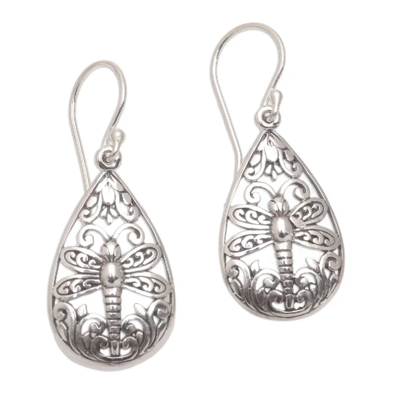 Grooved hoop earrings-NOVICA Lone Dragonfly, Sterling silver dangle earrings - 1.5*0.6